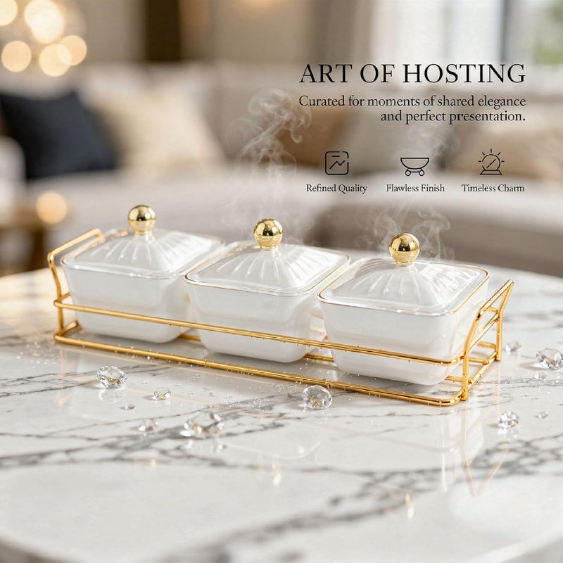 White Porcelain Dishes, 12.2 in Condiment Serving Trays, 3-Grid Nut Serving Set with Clear Covers, Gold Beads, Gold Metal Basket Tray, Square - Image 4