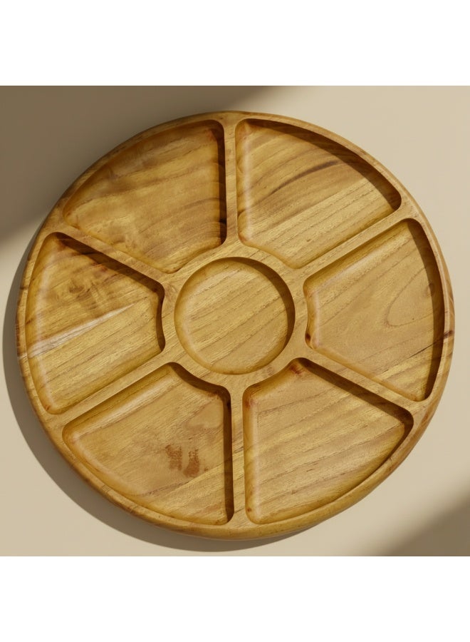 CASA HOME Premium Natural Wooden Serving Tray with 6 Compartments – Round Snack & Appetizer Platter for Nuts, Dates, Cheese & Dips – Elegant Home & Table Decor - Image 1