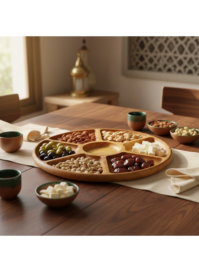 CASA HOME Premium Natural Wooden Serving Tray with 6 Compartments – Round Snack & Appetizer Platter for Nuts, Dates, Cheese & Dips – Elegant Home & Table Decor - Image 2