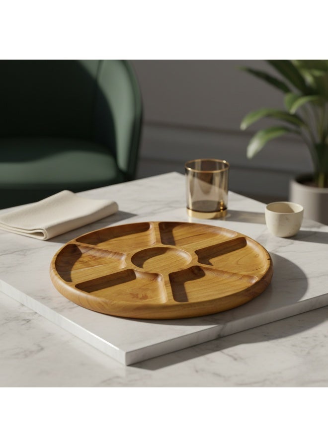 CASA HOME Premium Natural Wooden Serving Tray with 6 Compartments – Round Snack & Appetizer Platter for Nuts, Dates, Cheese & Dips – Elegant Home & Table Decor - Image 3