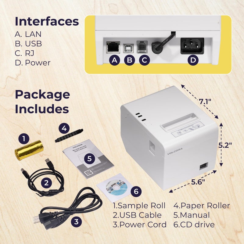 Volcora Thermal Receipt Printer, 80mm POS Printer w/Auto Cutter, USB/Ethernet Interface for Windows/MAC/Linux, ESC/POS Command Support Cash Drawer, High Speed Kitchen Printer, Wall Mount (White) - Image 5