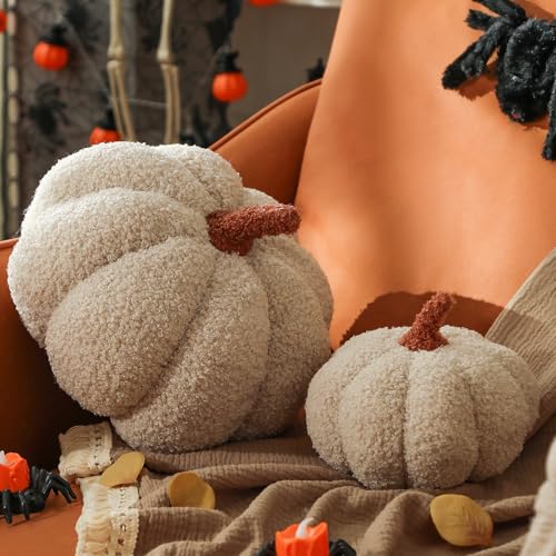 YRXRUS Pumpkin Pillows, Halloween Pumpkin Pillow Set of 2, Off White Throw Pillows Fall Room Decoration, Teddy Fleece 6x12&4x7 Inches Accent Cushion Gifts for Holiday - Image 1