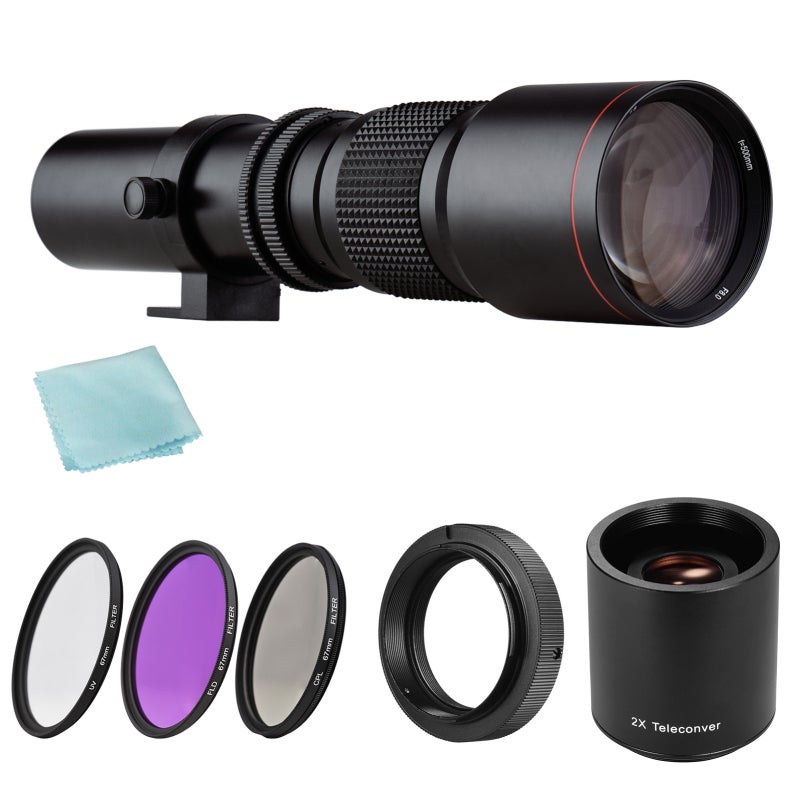 Telephoto Zoom Lens 500mm F/8.0-32 Manual Focus T Mount Super Telephoto Lens - 2X Teleconverter 1000mm Rotatable Tripod Mount for Nature Sports Photography - Image 1