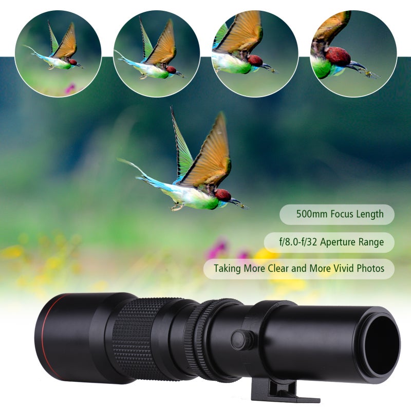 Telephoto Zoom Lens 500mm F/8.0-32 Manual Focus T Mount Super Telephoto Lens - 2X Teleconverter 1000mm Rotatable Tripod Mount for Nature Sports Photography - Image 3