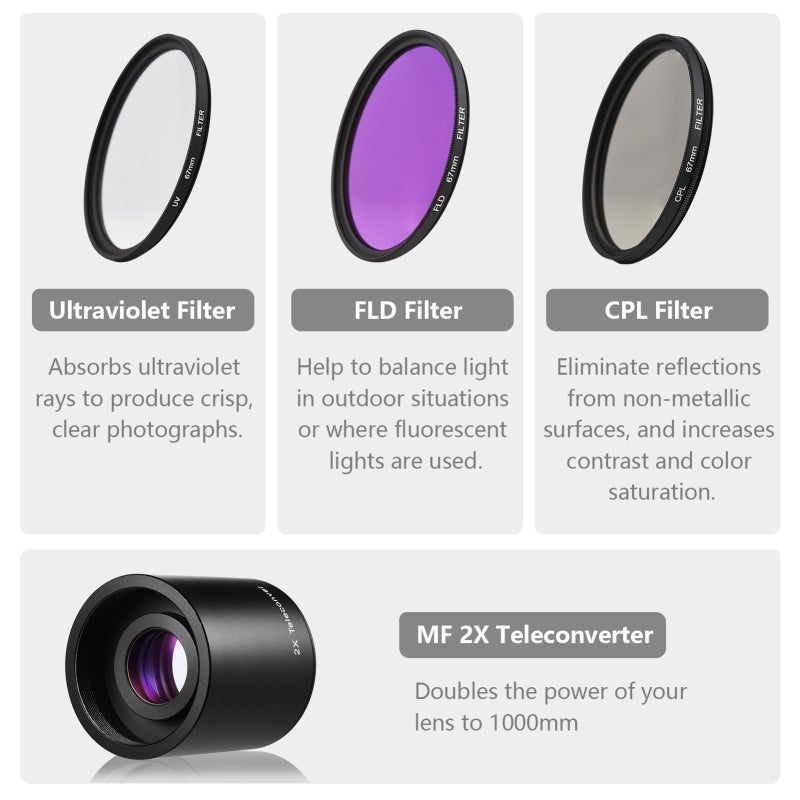 Telephoto Zoom Lens 500mm F/8.0-32 Manual Focus T Mount Super Telephoto Lens - 2X Teleconverter 1000mm Rotatable Tripod Mount for Nature Sports Photography - Image 5