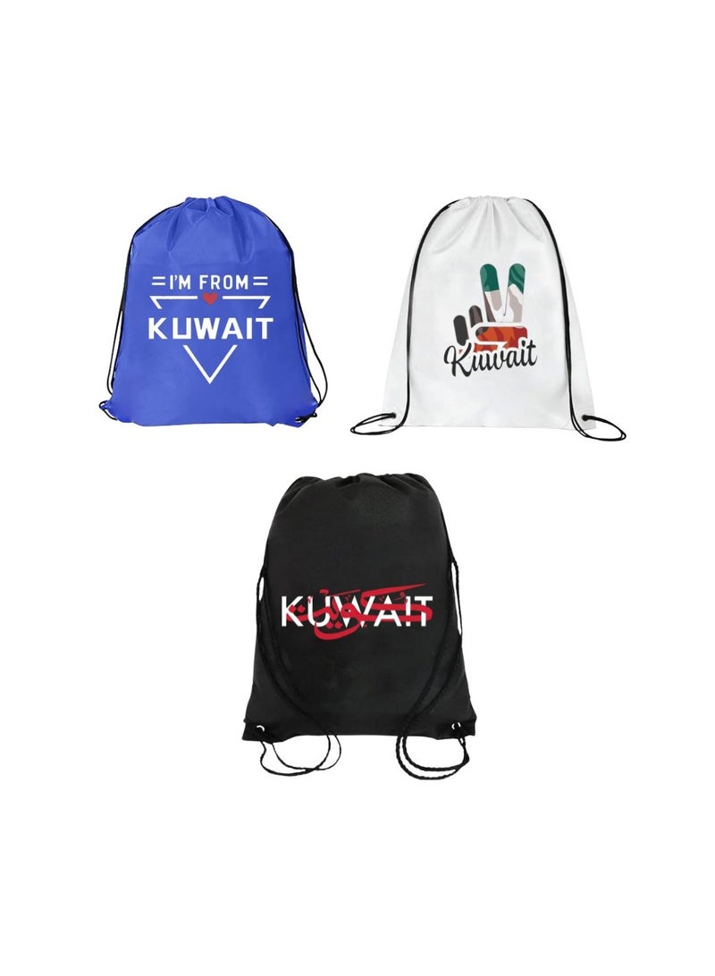 PRINTSHOP4ME Pack Of 3 Drawstring Bags With Kuwait Design For Kids And Adults-Durable Sports Backpack,Great For School And Everyday Use,Lightweight With National Day For Outdoor - Image 1