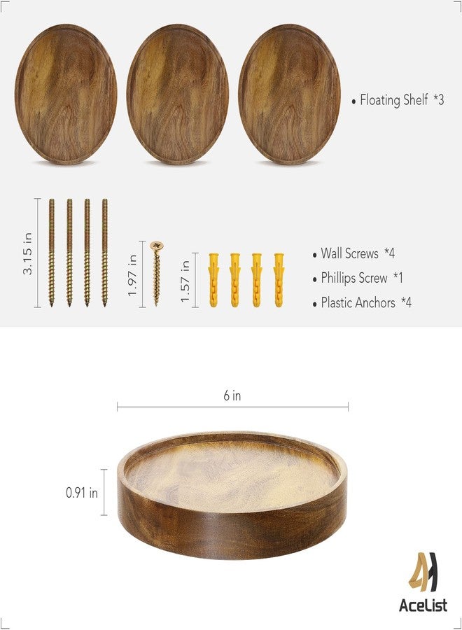 AceList 3-Pack Round Floating Shelves for Wall Decor, 6'' Diameter Acacia Wood Floating Shelf, Cup Plant Wall Shelves for Bedroom, Bedroom, Living Room, Bathroom, Kitchen, Western Decor - Image 3