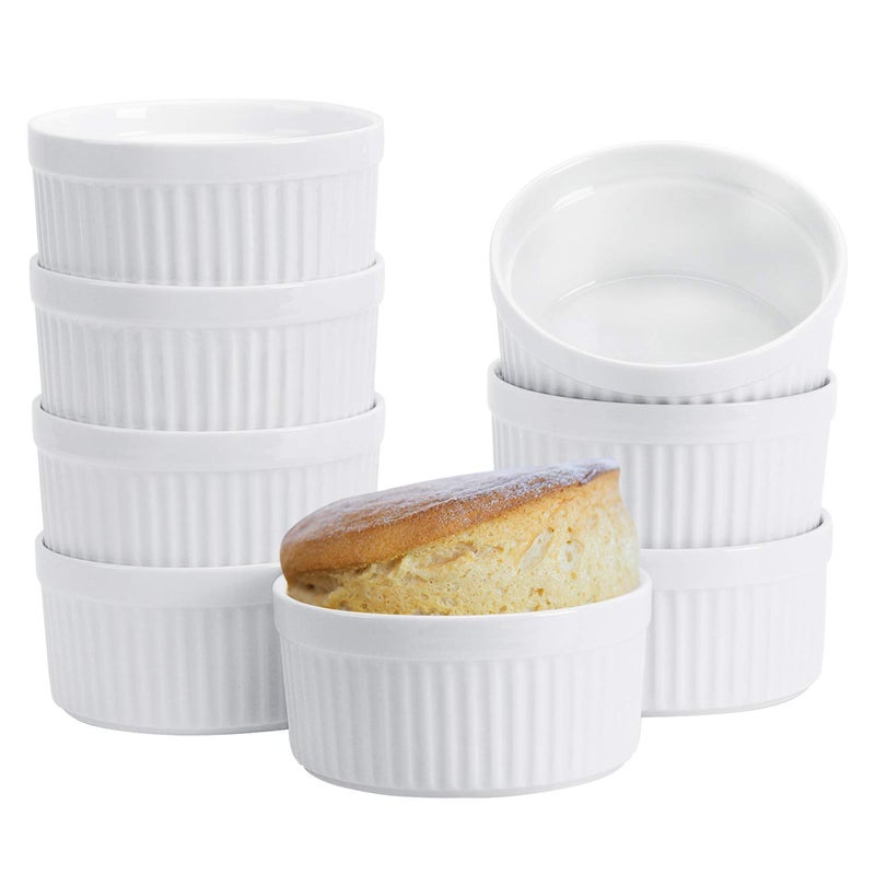 Ramekins 8 OZ Set of 8 Porcelain Souffle Dishes for Creme Brulee Custard Lava Cakes Pudding Flan Mini Desserts  Oven Safe