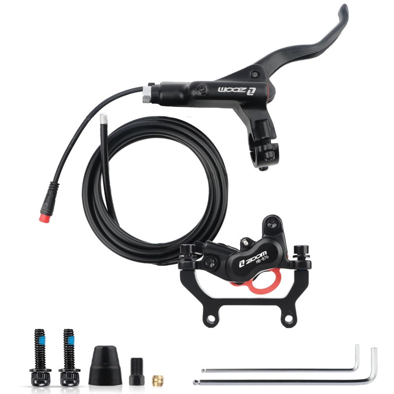 ZOOM EBike Hydraulic Disc Brake Set HB876E 4Pistons 2PIN PowerOff Sensor Electric Bicycle Right Brake Levers with Rear Calipers PMis Adapter