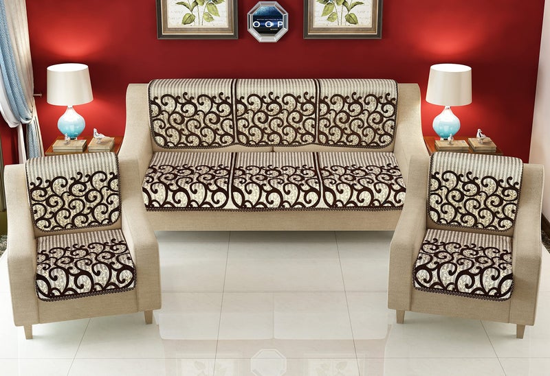 Jayvaam Sawna Homes Chenille Sofa Cover Set 5 Seater For Living Room-3 Seater&2 Seater Sofa Slip Covers For Home-Premium Furniture Protector Panels For Sofa Couch Office,10 Piece,Light Brown - Image 1