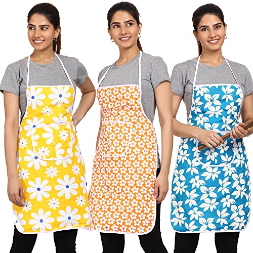 JMi Cotton Floral Print Fabric Waterproof Apron with Long Ties and multipurpose front large pocket For Cooking Dusting Home Kitchen Restaurant for Men & Women Unisex Apron. Pack of 3 (Multicolor) - Image 1