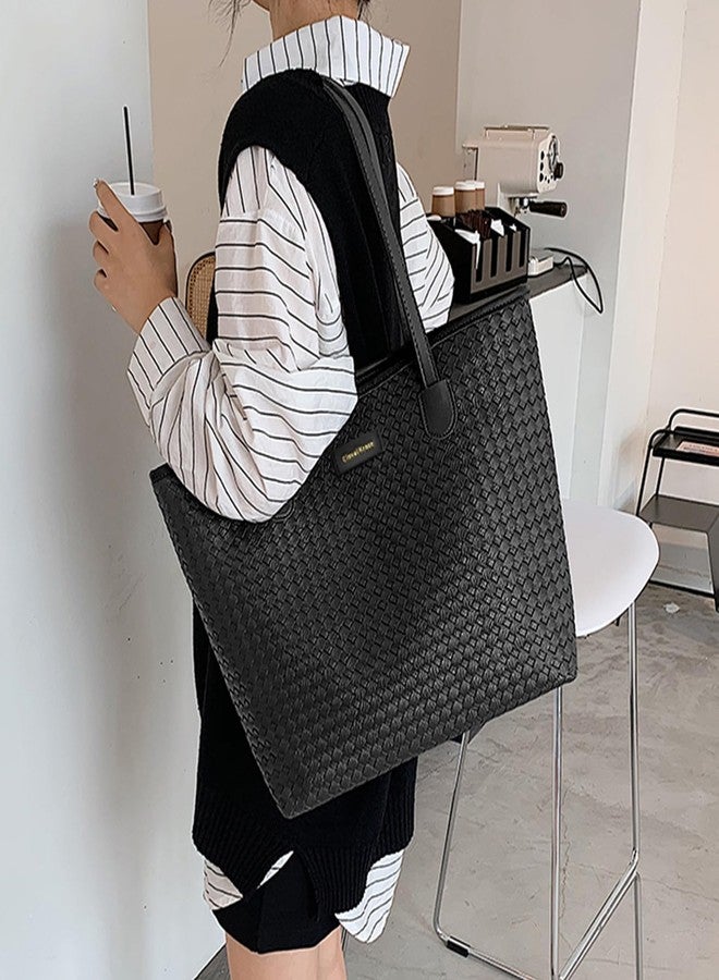 سينفايكروز حقيبة يد جلدية من سينفايكروز للنساء، حقيبة كتف بسحاب، بنمط منسوج وسعة كبيرة للعمل والسفر - Image 2