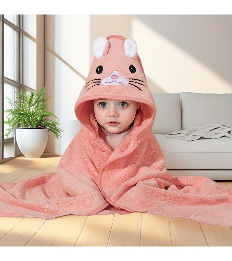 Thick Cartoon Hooded Bath Towel for Newborns Open Eyed Orange Kitten Absorbent Cozy Design - Image 2