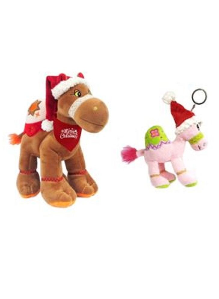 Fay Lawson Bundle item - Brown camel with Santa hat with print on red bandana, size 18cm, Pink key ring with Santa Hat 12cm 