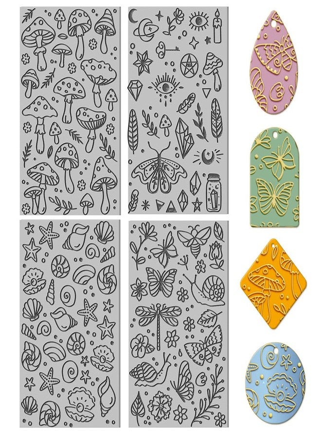 CHGCRAFT 4PCS Polymer Clay Texture Sheets Mushroom Polymer Texture Mat Sea Life Butterfly Dragon Pattern Pad Clay Stamps Tools for Polymer Earrings Jewelry Making, 4x2.6inch - Image 1