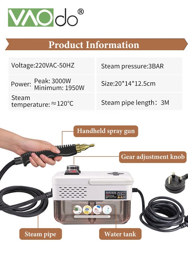 فاو دو منظف بخار محمول باليد مع 7 قطع من الملحقات، خزان سعة 1.68 لتر، تسخين سريع لمدة 10 ثوانٍ، آلة تنظيف بالبخار متعدد الأغراض بدرجة حرارة عالية للاستخدام المنزلي، لتنظيف أثاث المنزل وتنظيف السيارات، جص المطبخ والحمام والبلاط - Image 3