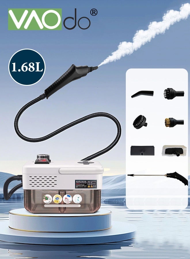 فاو دو منظف بخار محمول باليد مع 7 قطع من الملحقات، خزان سعة 1.68 لتر، تسخين سريع لمدة 10 ثوانٍ، آلة تنظيف بالبخار متعدد الأغراض بدرجة حرارة عالية للاستخدام المنزلي، لتنظيف أثاث المنزل وتنظيف السيارات، جص المطبخ والحمام والبلاط - Image 1