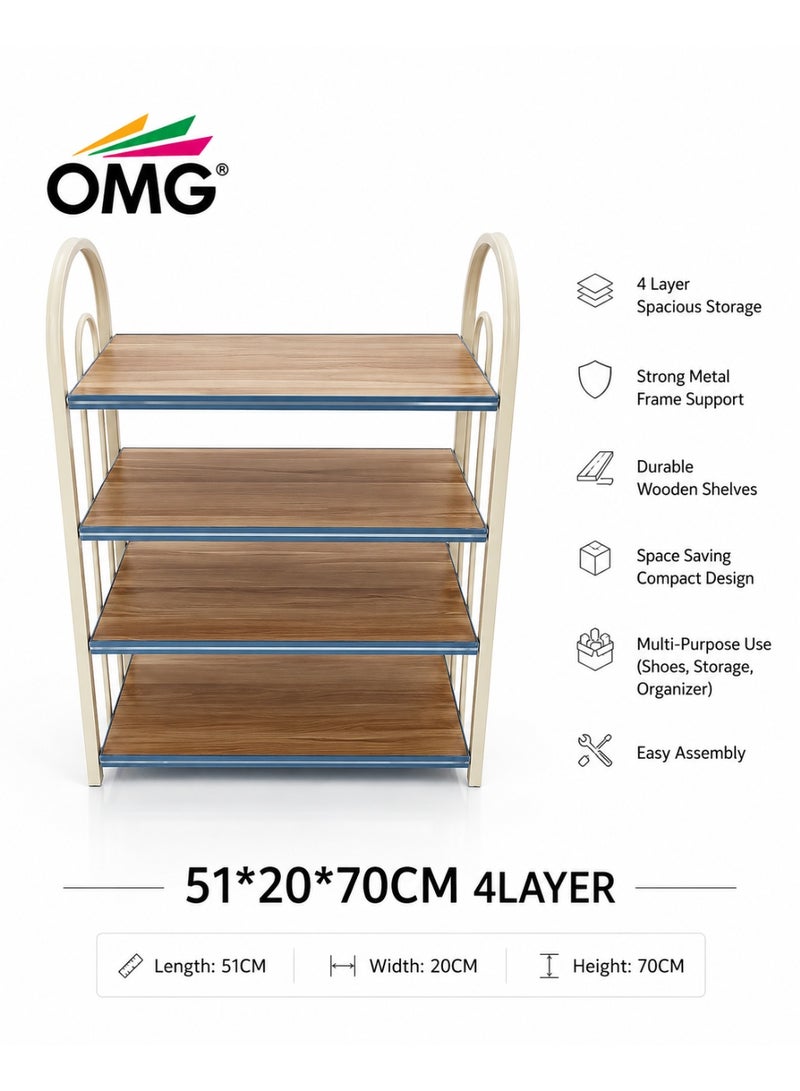 OMG Shoe Rack 4 Tier Storage Organizer with Metal Frame Wooden Shelves Space Saving Shoe Stand - Image 3