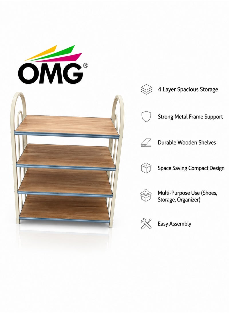 OMG Shoe Rack 4 Tier Storage Organizer with Metal Frame Wooden Shelves Space Saving Shoe Stand - Image 2