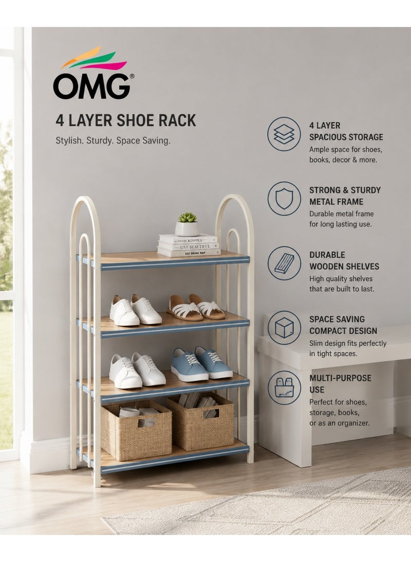 OMG Shoe Rack 4 Tier Storage Organizer with Metal Frame Wooden Shelves Space Saving Shoe Stand - Image 4