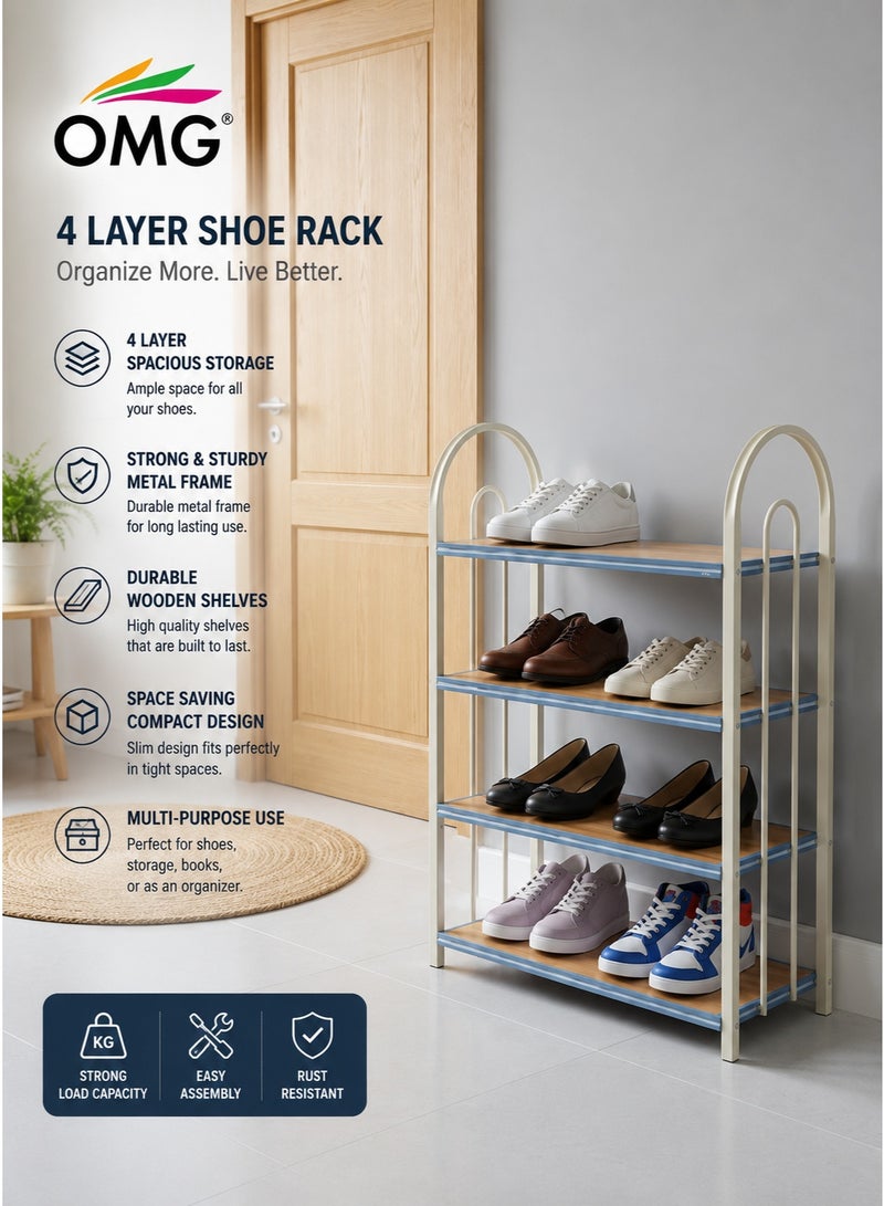 OMG Shoe Rack 4 Tier Storage Organizer with Metal Frame Wooden Shelves Space Saving Shoe Stand - Image 1