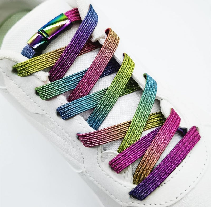 nikwesm Magnetic No Tie Elastic Shoe Laces for Kids Adults, No screw, One Size Fits All (silver rainbow) - Image 2