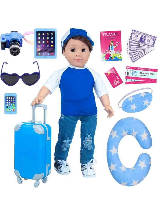 Ecore Fun 24 Pcs 18 Inch Boy Doll Clothes And Accessories Suitcase Play Set Included Travel Carrier Clothes Camera Phone Travel Pillow Passport Tickets Cashes Credit Card Map - Image 1