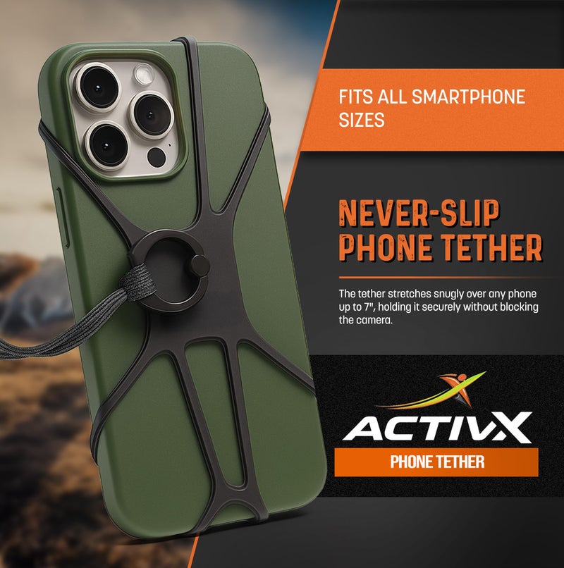 RANGLAND ACTIV-X Cell Phone Tether and Carabiner with Neoprene Wrist Mount Option Included (Universal Size-Fit) Ultra Secure Phone Lanyard with Bungee Cord (Grey Black) - Image 2