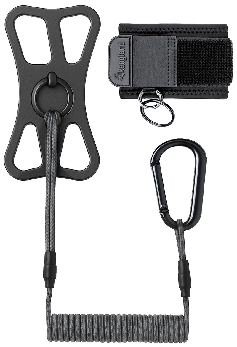 RANGLAND ACTIV-X Cell Phone Tether and Carabiner with Neoprene Wrist Mount Option Included (Universal Size-Fit) Ultra Secure Phone Lanyard with Bungee Cord (Grey Black) - Image 1