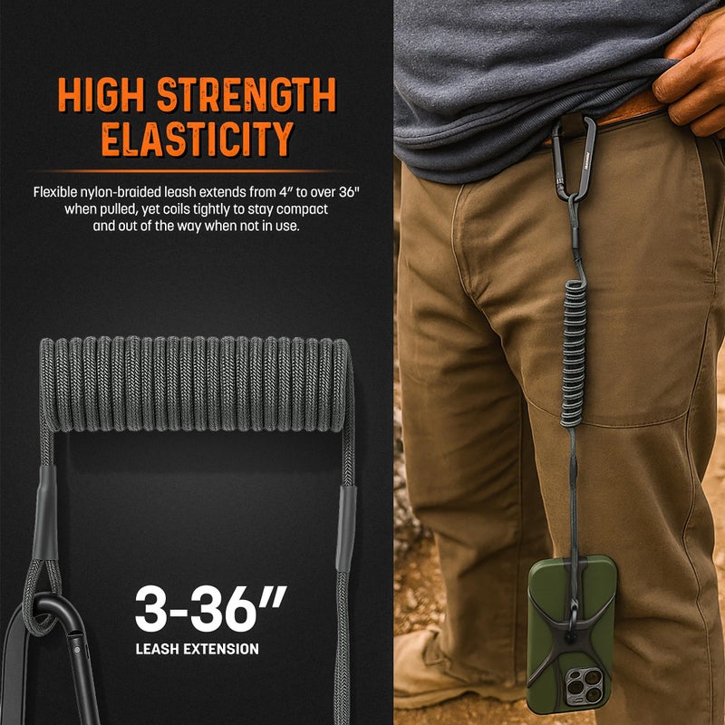 RANGLAND ACTIV-X Cell Phone Tether and Carabiner with Neoprene Wrist Mount Option Included (Universal Size-Fit) Ultra Secure Phone Lanyard with Bungee Cord (Grey Black) - Image 4