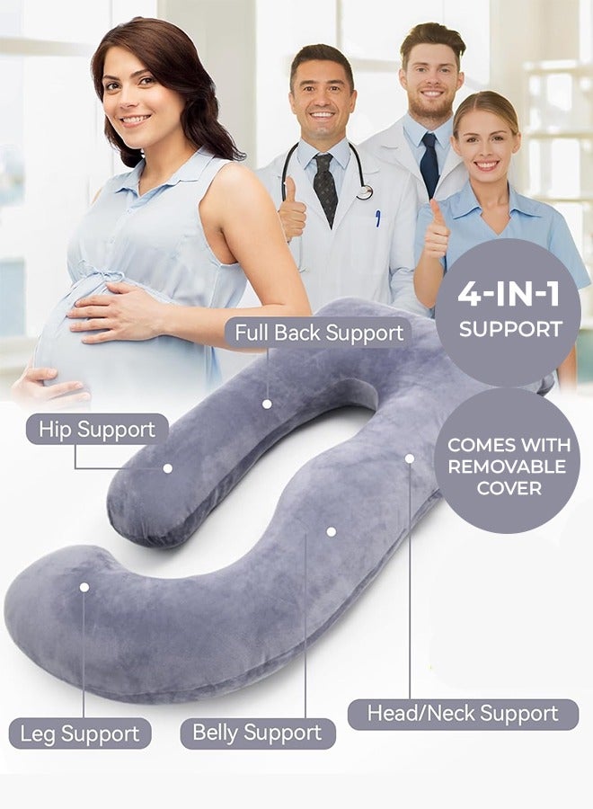 إي وورلد وسادة حمل على شكل حرف U لدعم الجسم بالكامل، توفر الراحة أثناء النوم مع تخفيف الأرجل والظهر والرقبة والكتفين والوركين والبطن للحوامل، وسادة حمل بطول 57 بوصة مع غطاء رمادي قابل للإزالة - Image 4