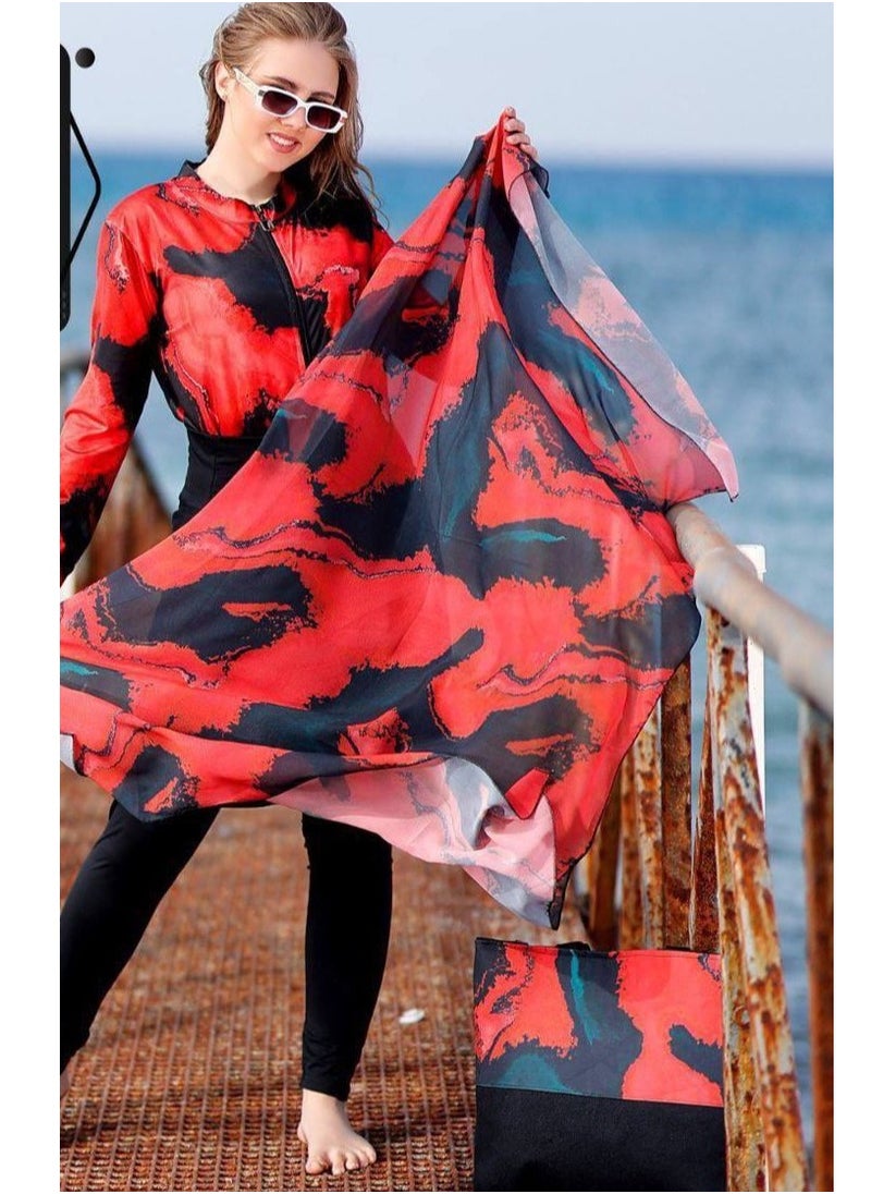 Burkini swimwear set of 5 pieces - multi-colored Material: Imported water-proof Sizes: - Large - Extra Large - 2 Extra Large Size Chart Large: Fits a weight of 55 to 65 kg Extra Large: Fits a weight of 65 to 75 kg 2 Extra Large: Fits a weight of 75 to 85 kg