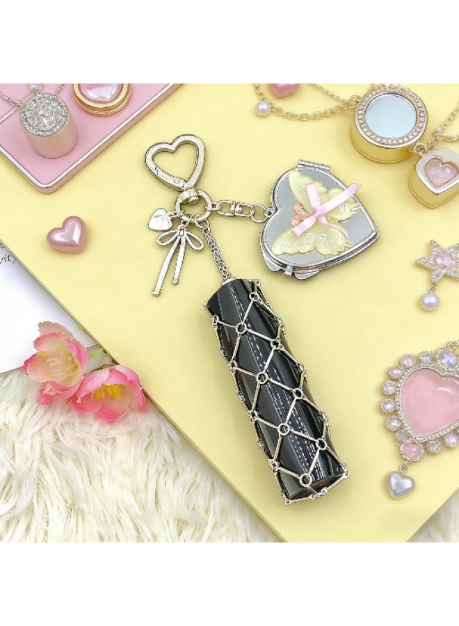 Women's Korean Style High-end Sense Heart Mirror Bow Fashion Retractable Lipstick Pocket Keychain