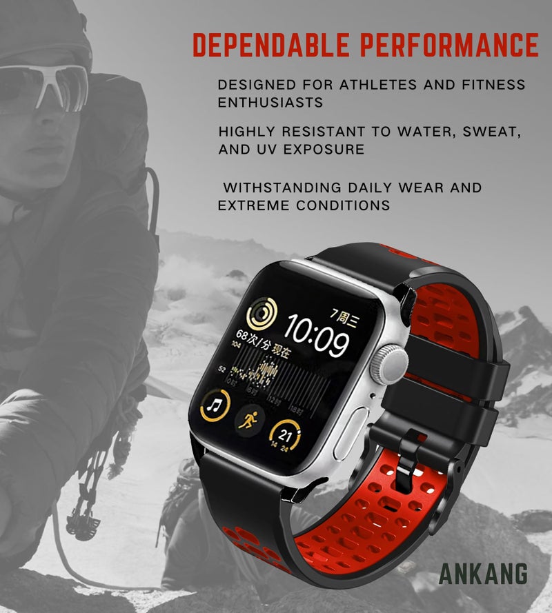 ANKANG Sport Band for Apple Watch Ultra 2 49mm 45mm 44mm 42mm Breathable Rubber Strap for iWatch SE 1 2 Series 4 5 6 7 8 9 for men women Black_Red - Image 4