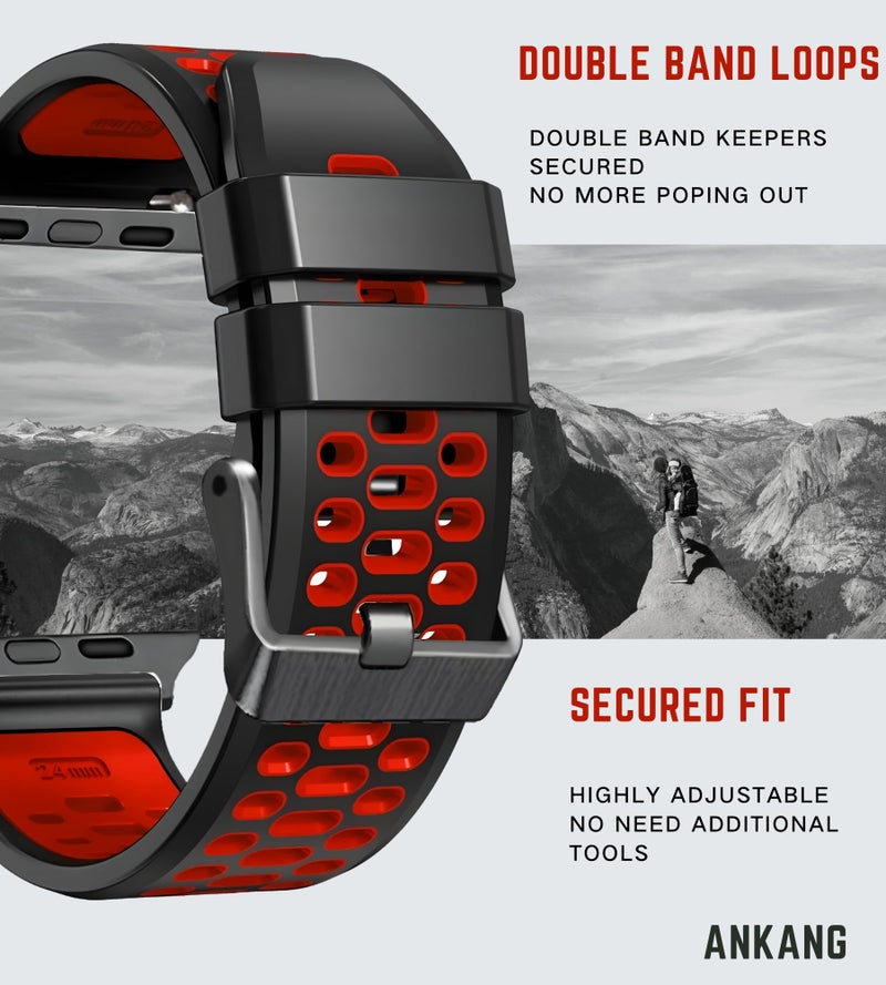 ANKANG Sport Band for Apple Watch Ultra 2 49mm 45mm 44mm 42mm Breathable Rubber Strap for iWatch SE 1 2 Series 4 5 6 7 8 9 for men women Black_Red - Image 2