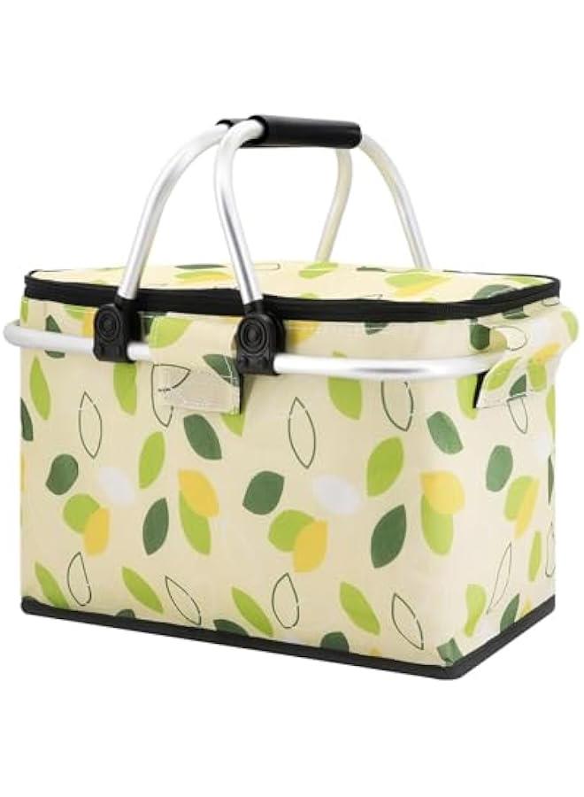 HOOKOR Large Size Insulated Picnic Basket, Foldable Cooler Bag, Waterproof Lining Cool Hamper Shopping Basket Bag Box for Camping, Hiking, Picnicking, Lake Trips, Family Vacations (Green Leaves) - Image 1