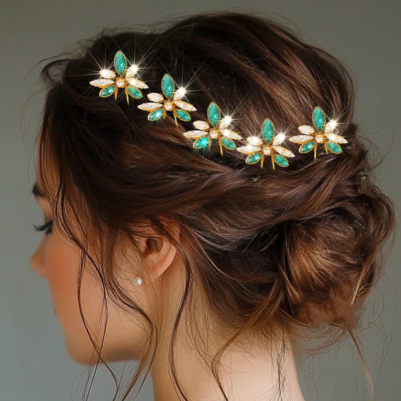 Yokawe Wedding Hair Pins Gold Rhinestone Bridal Hairpin Green Crystal Headpiece Hair Accessories for Women and Girls Pack of 5