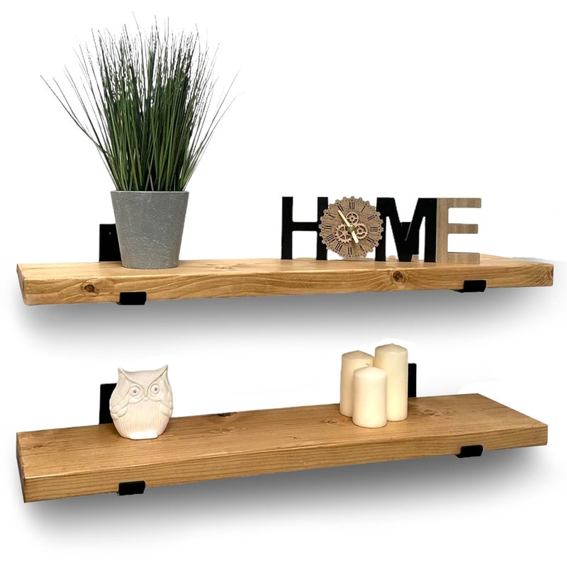 Handcrafted Rustic Wooden Shelves WallMounted Floating Shelves with Seated Black L Brackets Made from Reclaimed Timber  Ideal for Bathroom or Living Room Decor Set of 2 50 cm Long