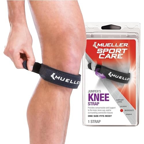 MUELLER Sports Medicine Jumper's Knee Single Strap for Men and Women, Knee Compression and Pain Relief Support, Ideal for Osgood-Schlatter's, Patellar Tendinitis, Black, One Size - Image 1