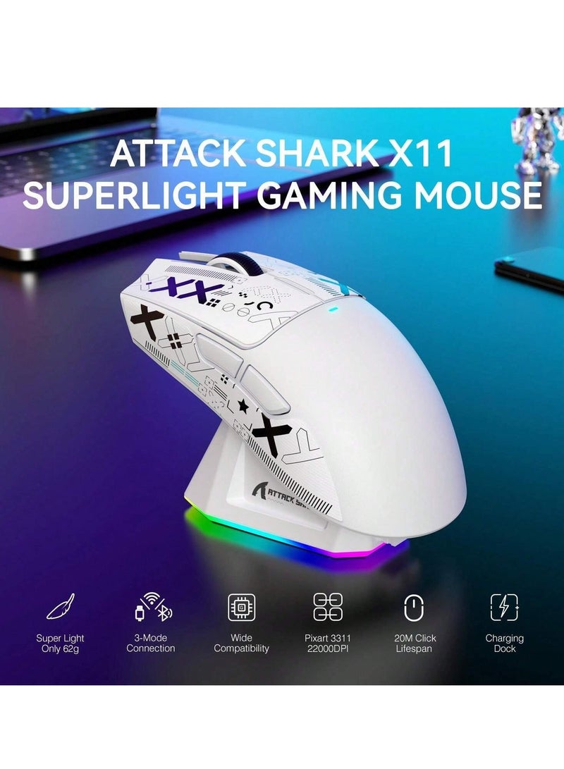 Attack Shark Lightweight Wireless Gaming Mouse, 63g, PixArt PAW3311 Gaming Sensor,  BT/2.4G Wireless/Wired with Magnetic Charging Dock And Tape For Better Grip, Attack Shark X11 - Image 2