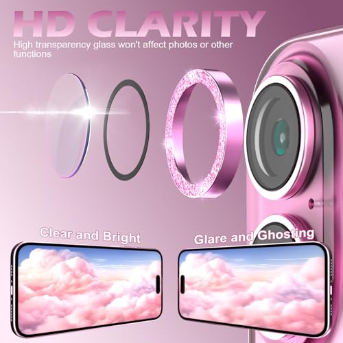 CloudValley for iPhone 16 /iPhone 16 Plus Camera Lens Protector Bling, [Glitter Decoration] Ultra-HD Tempered Glass Cover, Metal Lens Screen Protective Ring Accessories,Glitter Pink - Image 2