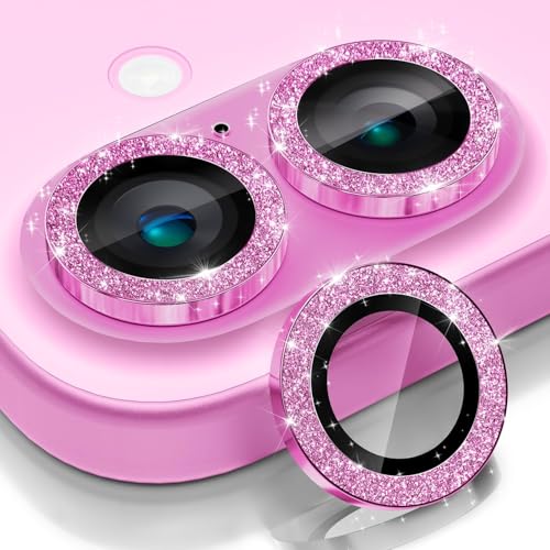 CloudValley for iPhone 16 /iPhone 16 Plus Camera Lens Protector Bling, [Glitter Decoration] Ultra-HD Tempered Glass Cover, Metal Lens Screen Protective Ring Accessories,Glitter Pink - Image 1