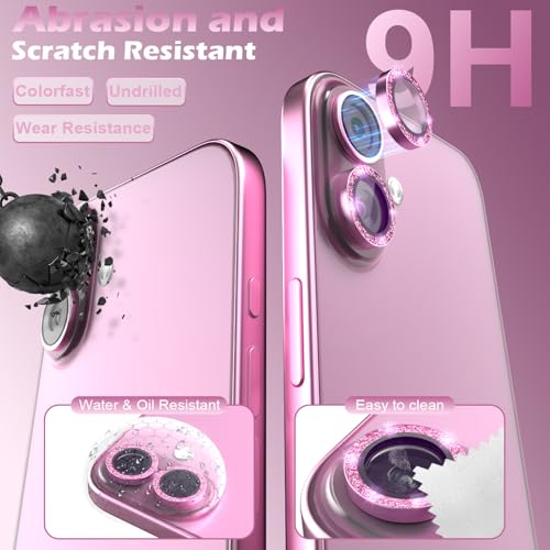 CloudValley for iPhone 16 /iPhone 16 Plus Camera Lens Protector Bling, [Glitter Decoration] Ultra-HD Tempered Glass Cover, Metal Lens Screen Protective Ring Accessories,Glitter Pink - Image 3