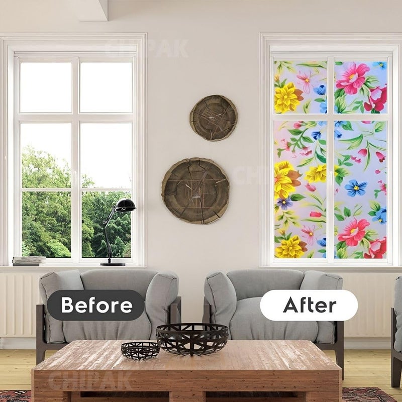 CHIPAK Vinyl Frosted Window Self Adhesive Privacy Glass Film for Window Glass Office| Decorative Window Sticker Wallpaper Vinyl Sheet for Glass Door, Bathroom, Home, Window. Peppy Flowers, 16x240 Inch - Image 4