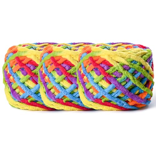 OMoiut 3 Pack Plush Chenille Chunky Yarn 100g (49.2yd) - Fluffy Velvet Yarn Crochet for Blanket Knitting and Crocheting - Baby Yarns for Crocheting Soft - Amigurumi Yarns (3 Rainbow) - Image 1