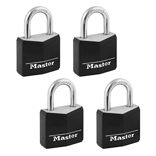 Master Lock قفل ماستر لوك الأسود الخارجي مع قفل مفاتيح مقاوم للعوامل الجوية مع غطاء، مجموعة من 4 أقفال متطابقة للمخازن والأسوار والمخازن أو معدات أخرى 131Q - Image 1