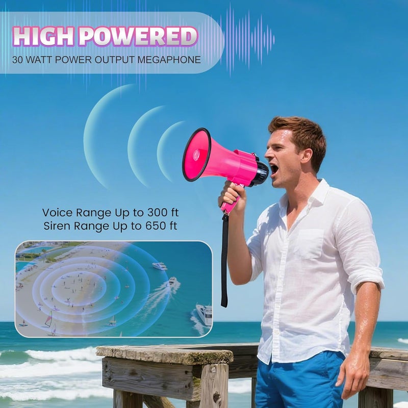 Loudmore 30 Watt Power Portable Megaphone Bullhorn Speaker Voice, Siren/Alarm and 240S Recording with Volume Control and Strap (DeepPink) - Image 4