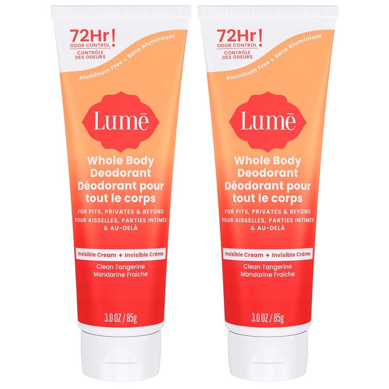 Lume Whole Body Deodorant - Invisible Cream Tube - 72 Hour Odor Control - Aluminum Free, Baking Soda Free, Skin Safe - 3.0 ounce (Pack of 2) (Clean Tangerine)