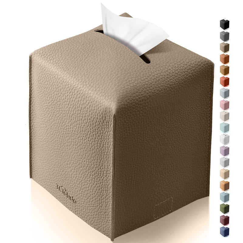 Tclouda Tissue Box Cover for PU Leather, Modern Simple Solid Color Holder Square Tissue Bag, Ideal for Bathrooms,Office,Car,Outdoor Tent,Dining Table,5"X5"X5", Single Cocoa Brown - Image 1