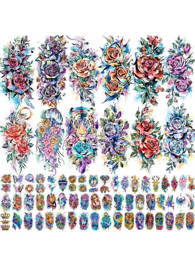 COKTAK 67 Sheets Watercolor Rose Flower Temporary Tattoos For Women Girls 12 Sheets Colorful Arm Sleeve Tattoos For Adults Floral Snake Tiger 53 Sheets Groovy Small Semi Permanent Fake Tattoos Kids - Image 2